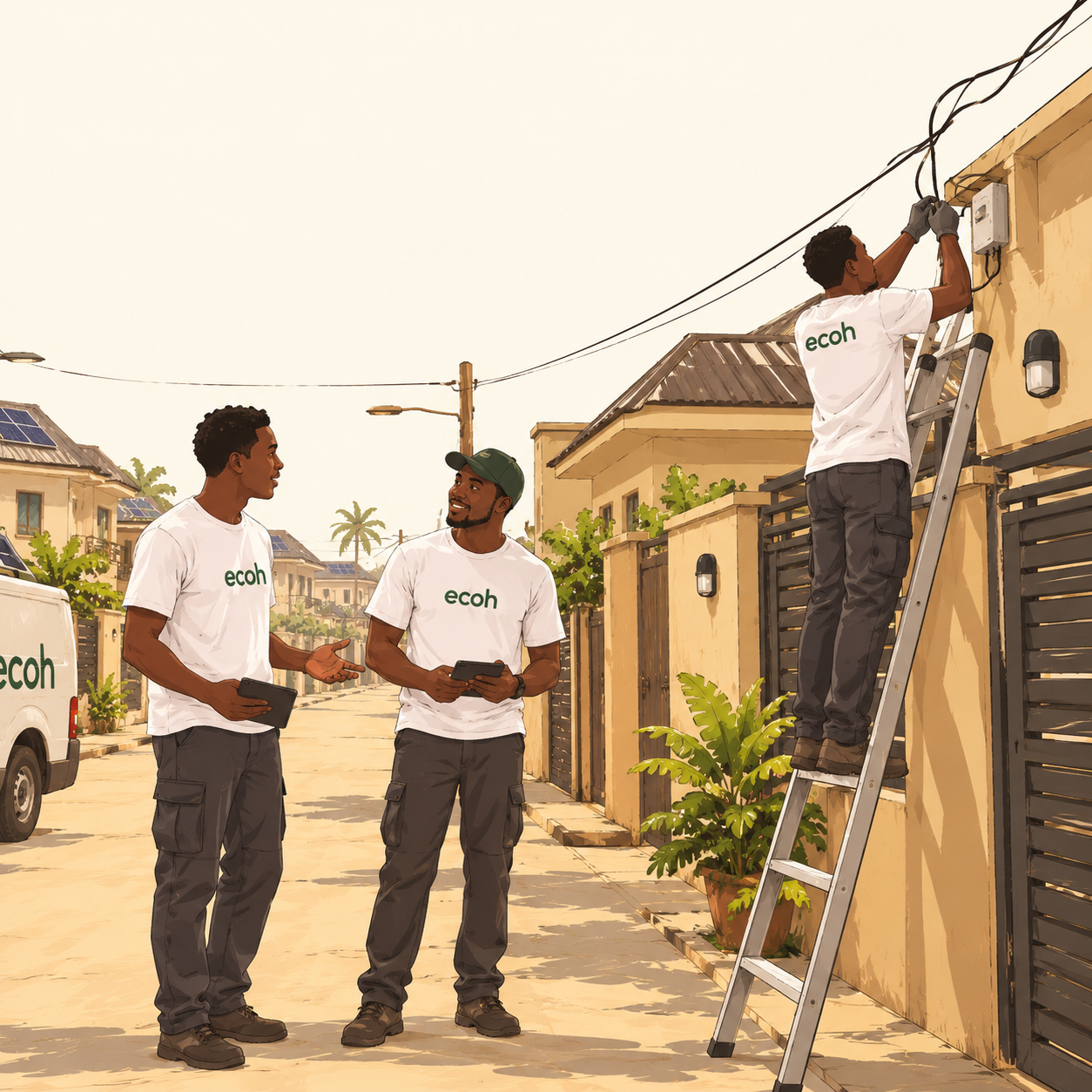 Two ecoh technicians talking on a street while a third installs equipment