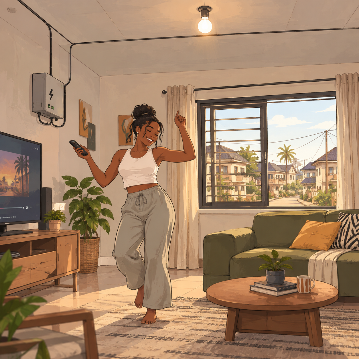 Woman dancing in her living room with the lights and TV on
